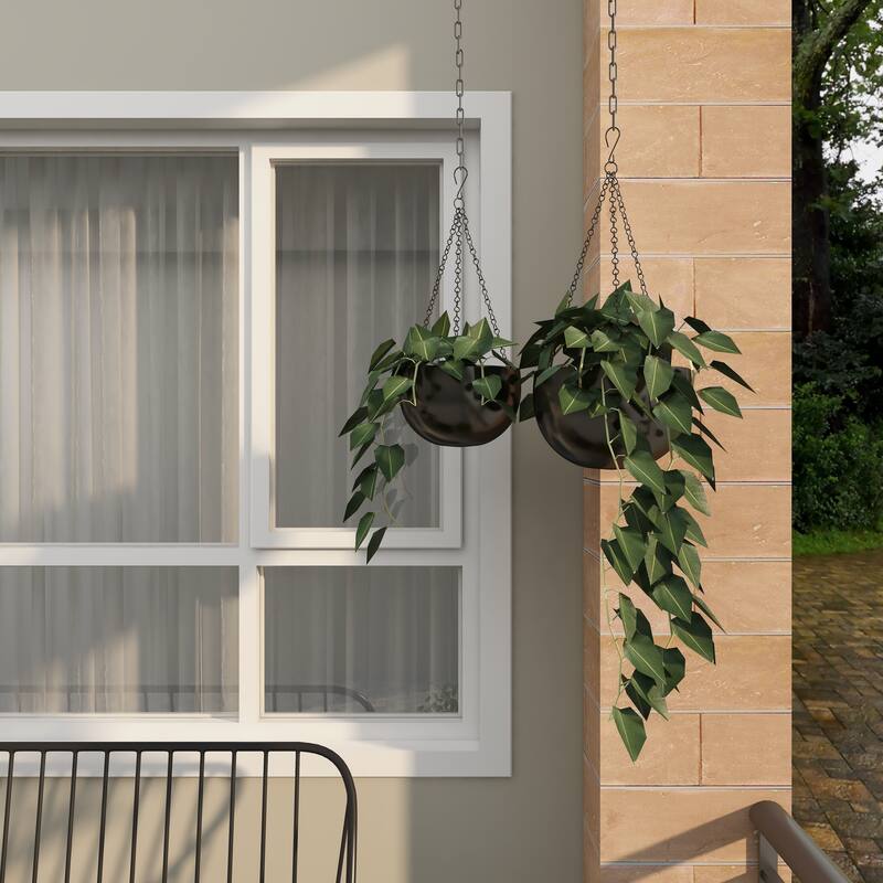 Black, Gold or Silver Metal Indoor Outdoor Hanging Dome Wall Planter with Chain (Set of 2)