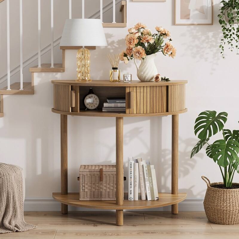 31.5-Inch Grooved Half-Moon Console Table for Modern Entryways and Farmhouse Living Room Decor - Walnut