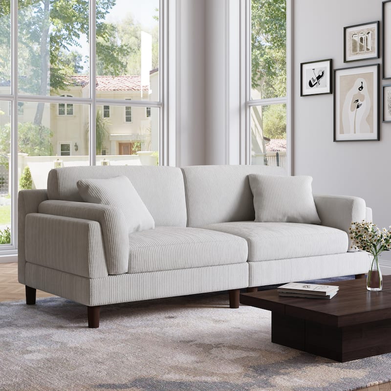 90.2"W Corduroy Upholstered 2 Seater Living Room Sofa - Beige-2Pillows