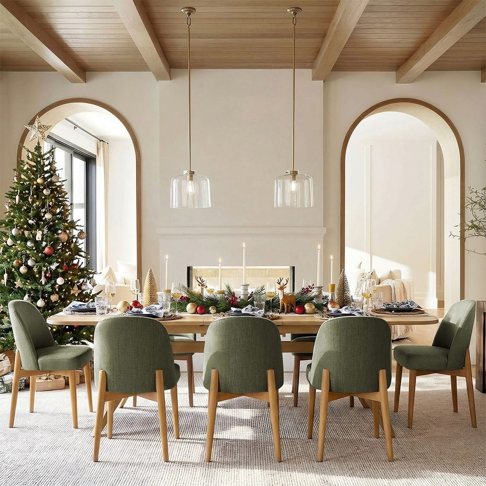 Linen Upholstered Dining Chairs With Solid Wood Legs (Set of 8)