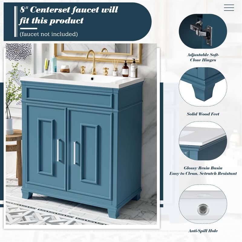 30 Inch Bathroom Vanity with Resin Sink - Freestanding Vanity with Storage Shelf and Solid Wood Frame
