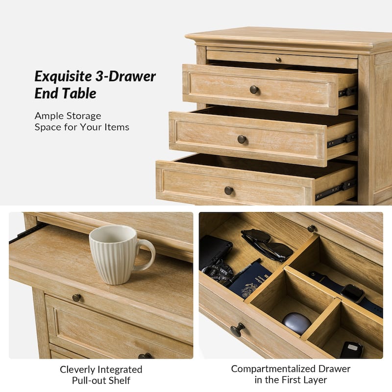 Muriel Farmhouse 3 Drawers End Table with Built-In Outlets nad Pull-out Shelf Set of 2 by HULALA HOME