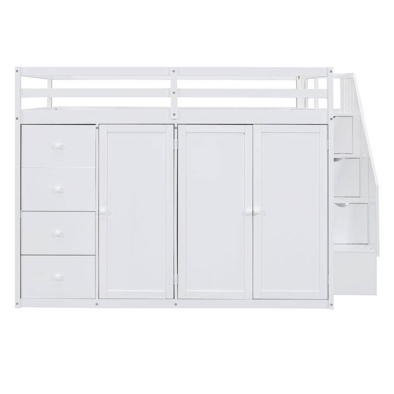 Roomfitters Full Size Loft Bed with Wardrobe, Drawers and Storage Staircase, White