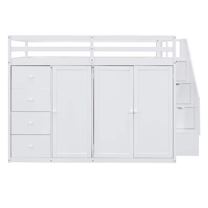 White Full Size Loft Bed with Built-in Wardrobes and Staircase, Space-Saving Design