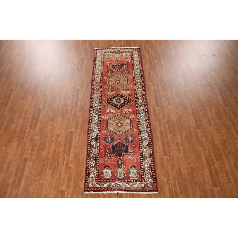 Geometric Red Heriz Persian Vintage Runner Rug Handmade Wool Carpet - 3'9"x 11'1"