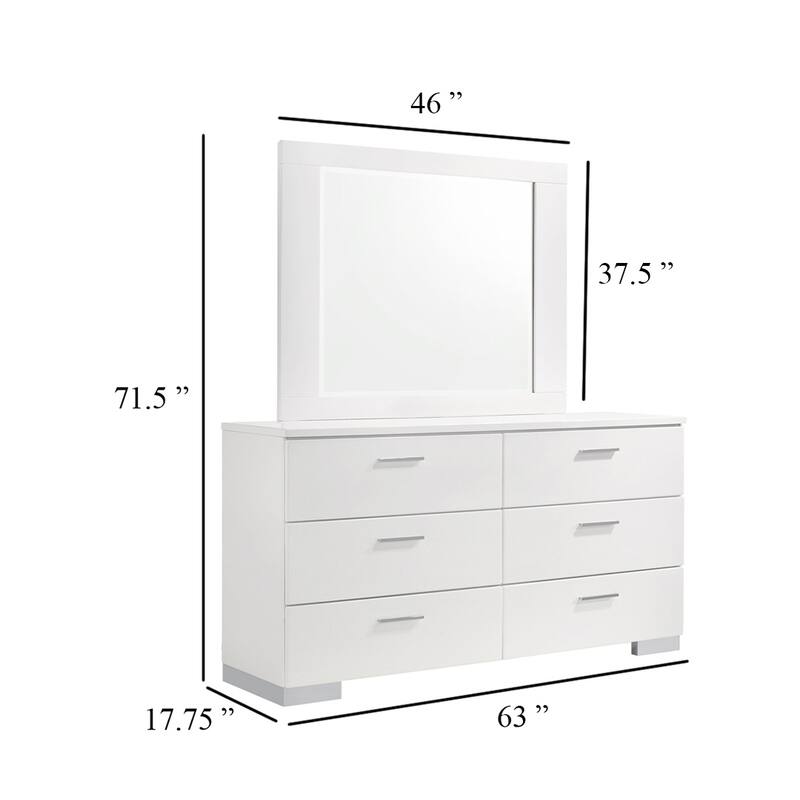 Sok Wide Dresser with Mirror, 6 Drawers, White High Gloss Finish, Wood