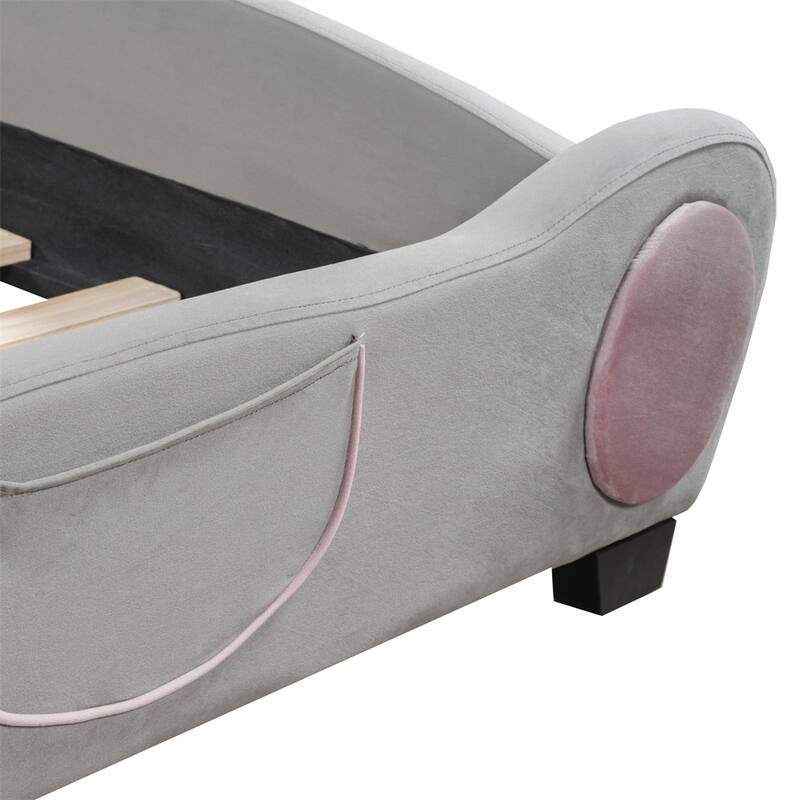 Twin Size Velvet Platform Bed with Bear-Shaped Headboard and Pocket