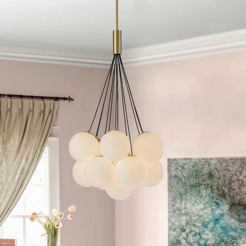 Brass Modern Milky White Glass Globe Bubble Pendant Light - 13-Light