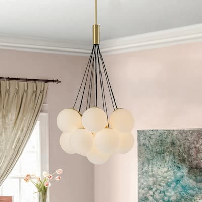 Brass Modern Milky White Glass Globe Bubble Pendant Light - 13-Light