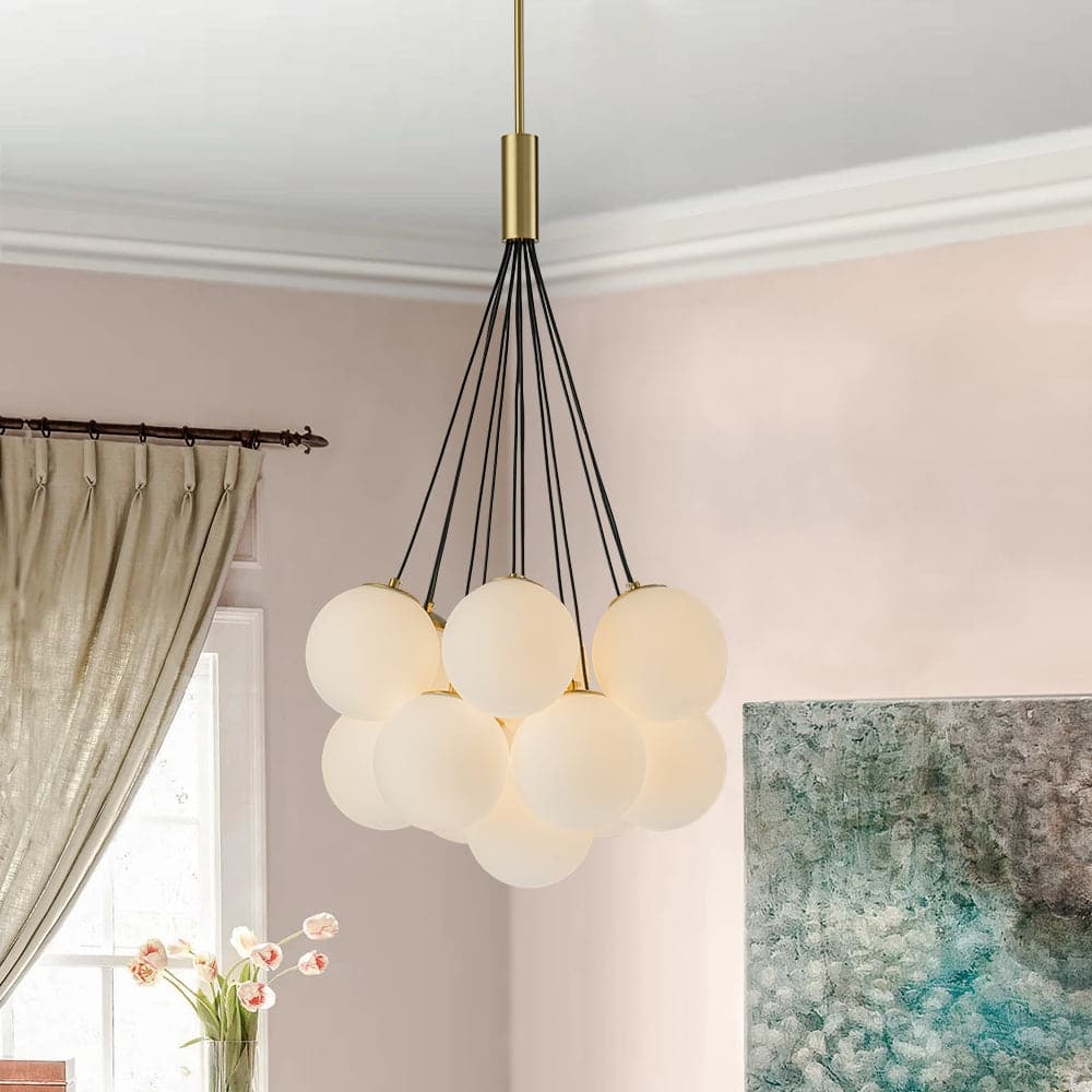 Brass Modern Milky White Glass Globe Bubble Pendant Light - 13-Light