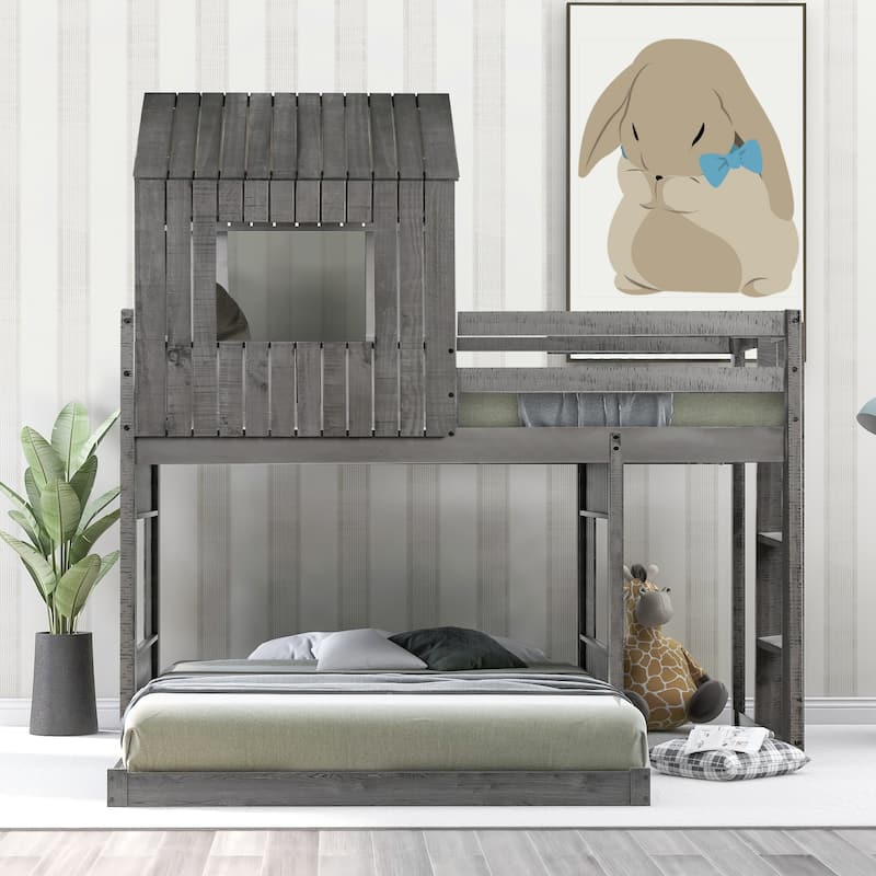 Roomfitters Wooden Twin Over Full Bunk Bed with Playhouse Design, Farmhouse Loft Bed with Ladder & Guardrails