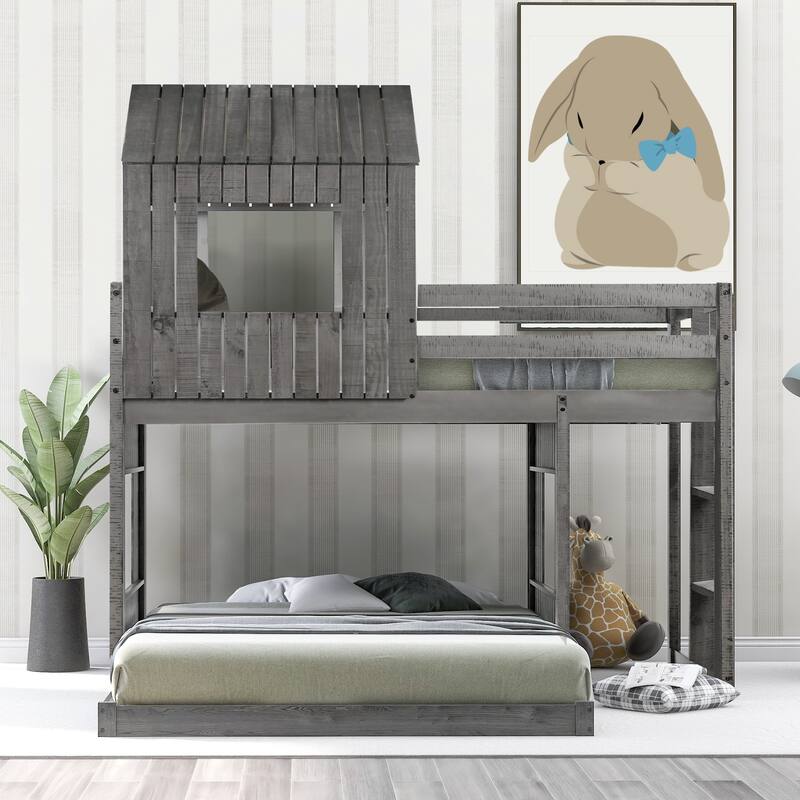 Twin Over Full Bunk Bed with Playhouse, Farmhouse Design, Ladder and Guardrails, Antique Gray