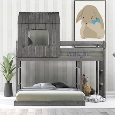 Wooden Twin Over Full Bunk Bed, Playhouse Loft Bed Frame with Roof, Solid Pinewood Bunk Bed Frame with Ladder and Guardrails