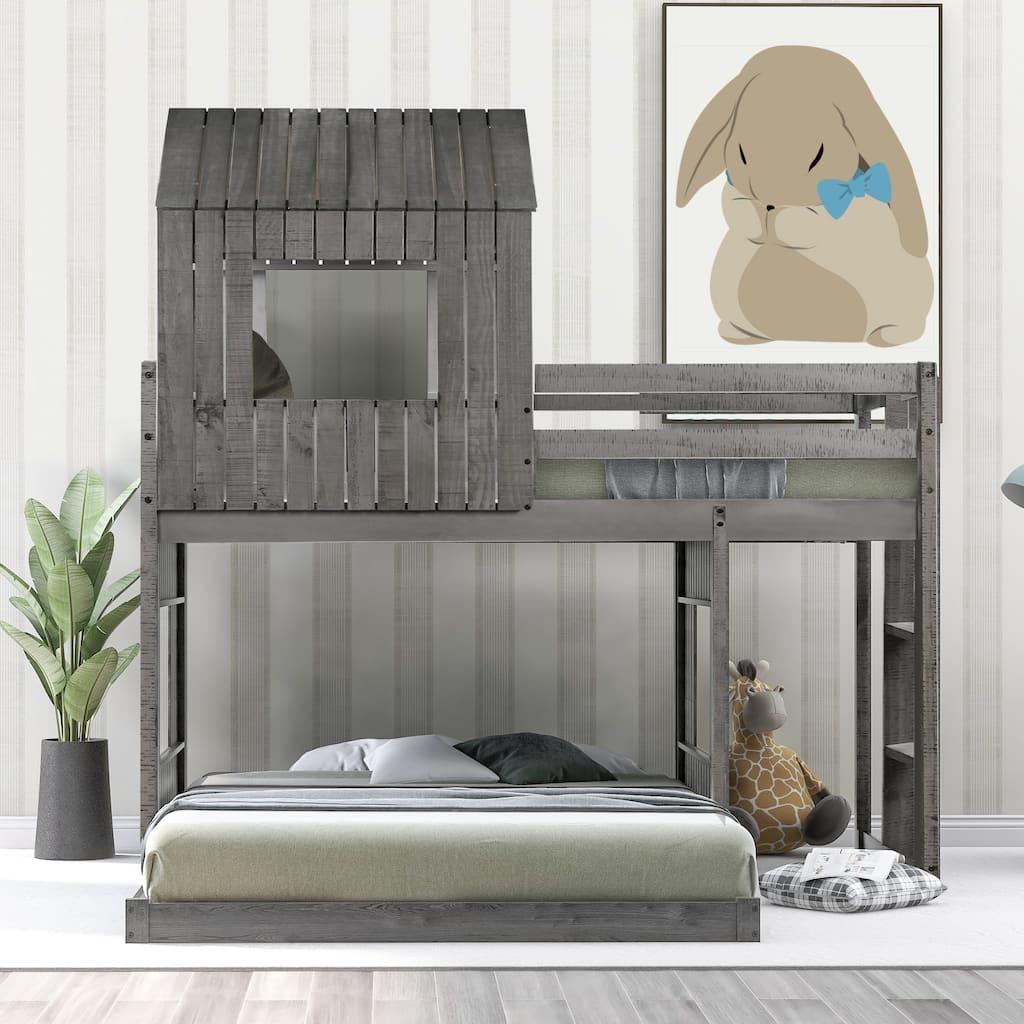Wooden Twin Over Full Bunk Bed, Playhouse Loft Bed Frame with Roof, Solid Pinewood Bunk Bed Frame with Ladder and Guardrails
