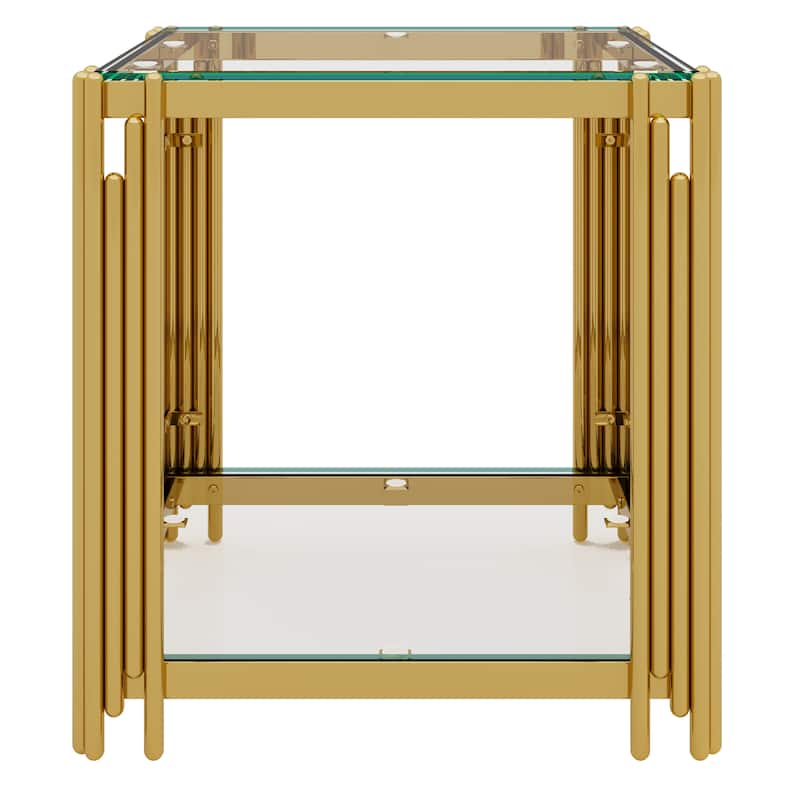 19.9" Modern Transparent Glass End Table for Living Room, Square,Asymmetrical Metal, Gold Finish & Lower Shelf
