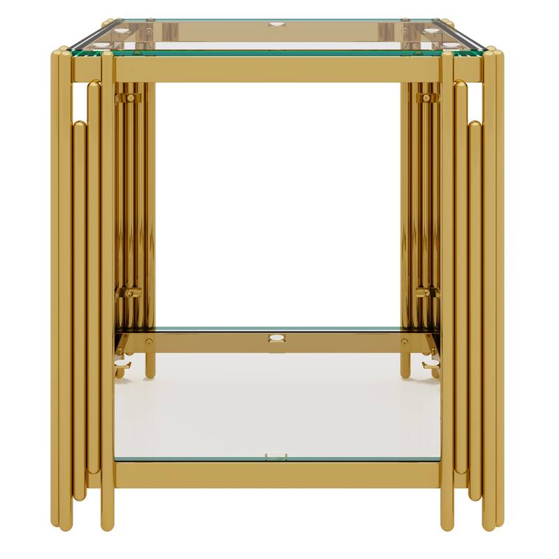 Square Gold & Glass End Table with 2-Tier Shelf and Sculptural Metal Frame by Harper&Bright Designs