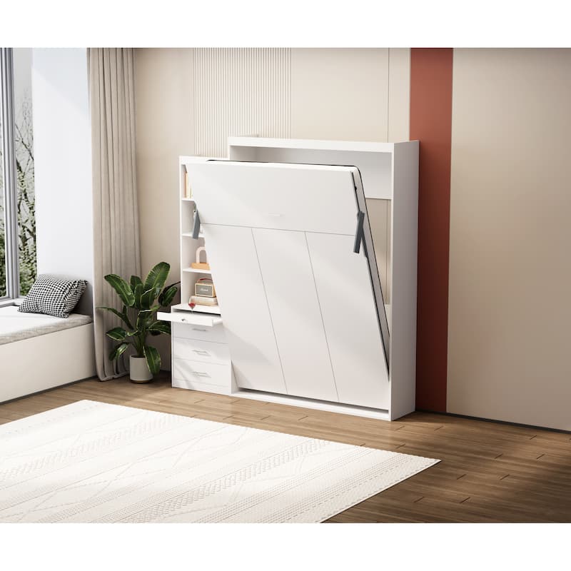 Modern Full Size Vertical Murphy Bed with Shelf and Drawers, White Space-Saving Wall Bed for Bedroom or Guestroom