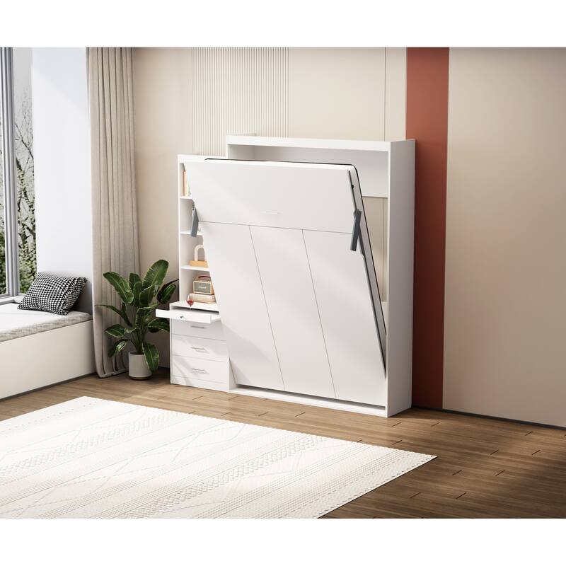 White Vertical Murphy Bed with Storage Shelves and Drawers - Full Size, Gas Struts Included