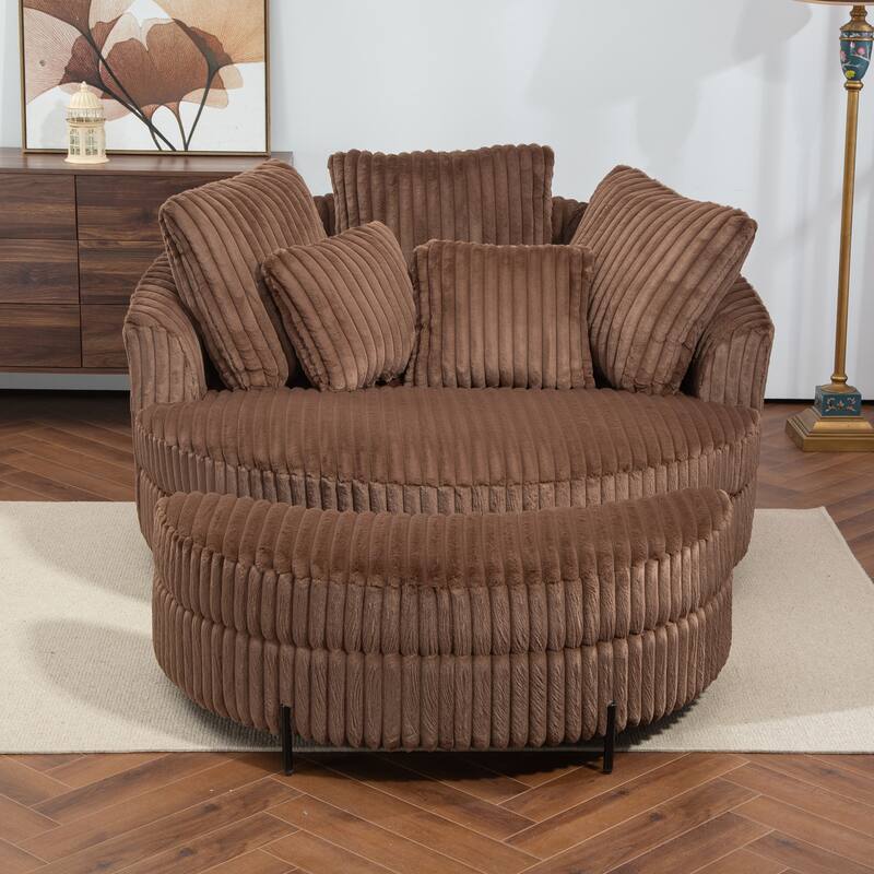 Modern Sofa Chair Round Accent Barrel Chair With 5 Pillows and Storage Ottoman
