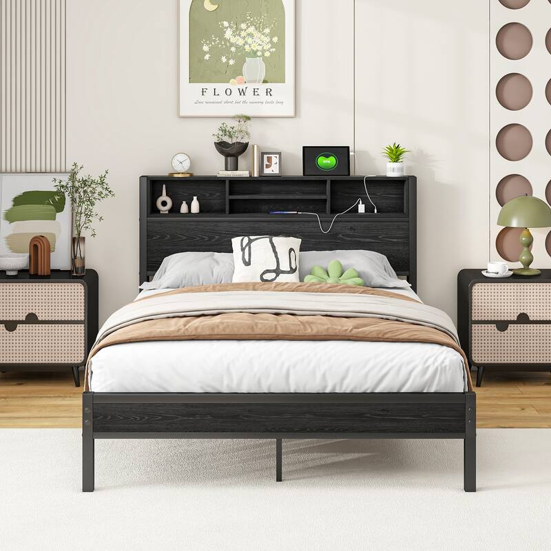 Full Size Bed Frame with Storage Headboard, Charging Station, No Box Spring Needed, Easy Assembly