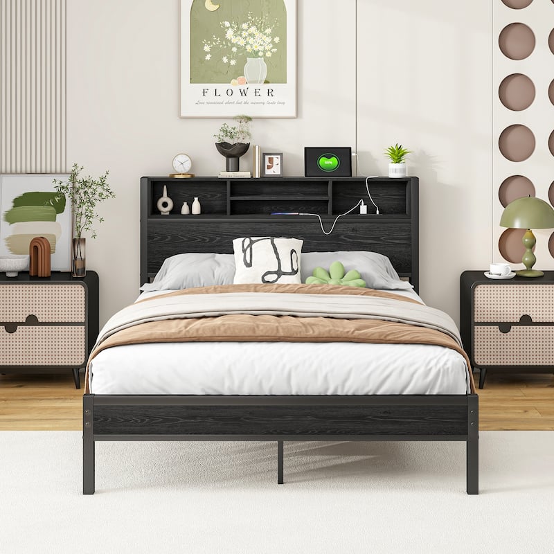 Metal Platform Bed with Charging Station, Bookcase Storage