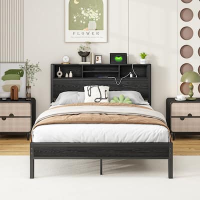 Platm Bed Frame with Storage Headboard,Charging Station