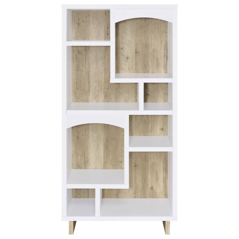65-Inch 6-Shelf Bookcase White and Distressed Pine Two-Tone Asymmetric Storage with Decorative Display Shelves