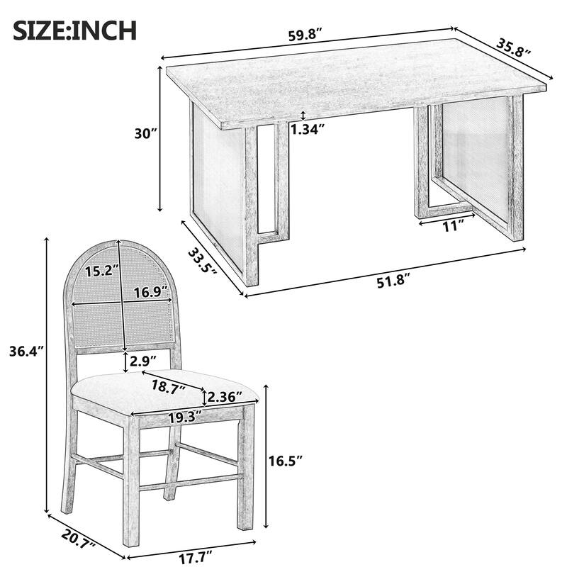7-Piece Wood Dining Table Set, Rectangular Dining Table Set with 6 Rattan Chairs, Kitchen Dining Table & Chair Set for 6