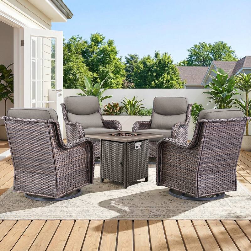 Pocassy Outdoor Propane Fire Pit Table with Sofa Swivel Chair Funiture Set. - Brown Wicker Gray Cushion - 5-Piece Swivel Chair w/ Fie Pit Table