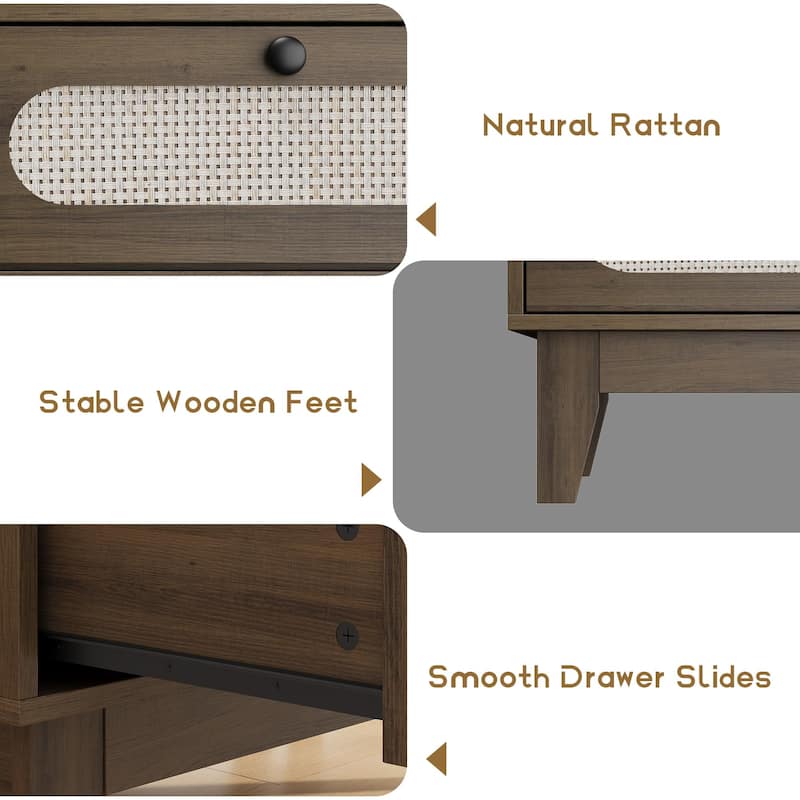 6-Drawer Rattan Dresser with Power Outlet, Wooden Chest of Drawers