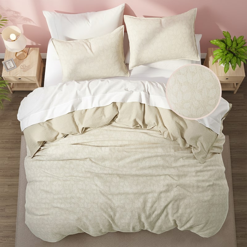 Floral Jacquard Cotton Linen Blend Duvet Cover Set, Bedding Set with Pillowcases