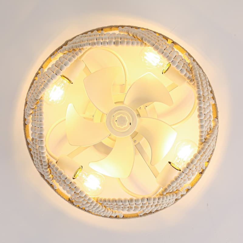 20" Smart Bohemian Wood Bead Beige Ceiling Fan with Remote and Light and APP Control - 19.7" D x 19.7" W x 10.1" H