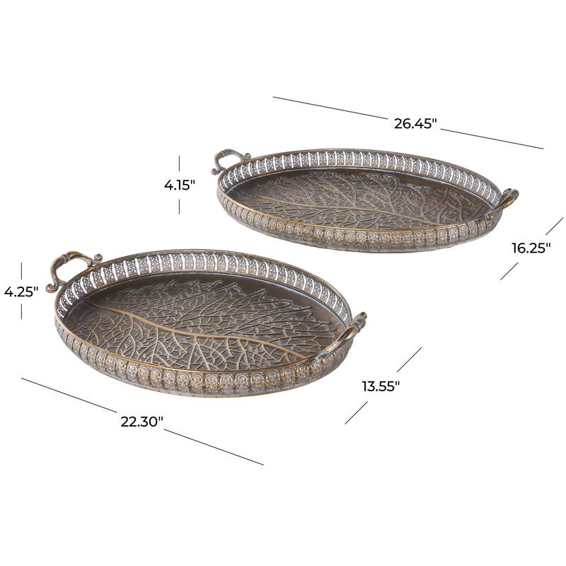 Brass Metal Ornate Oval Scroll Living Room Decor Tray with Tree Patterned Interior (Set of 2)