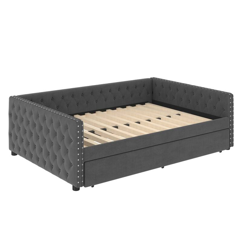 Full Size Linen Upholstered Daybed with Twin Trundle - Tufted Sofa Bed and Copper Nail Trim