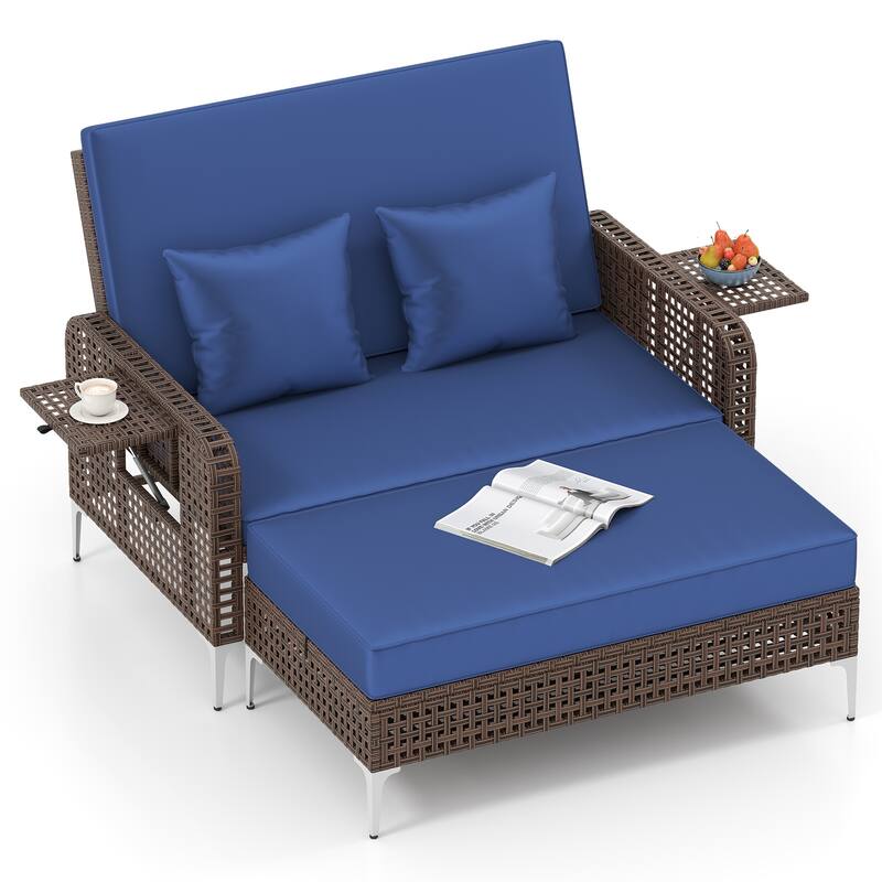 2 Piece Mix Brown Rattan Outdoor Daybed Loveseat and Ottoman Set with Adjustable Backrest - 50” x 48” x 35”