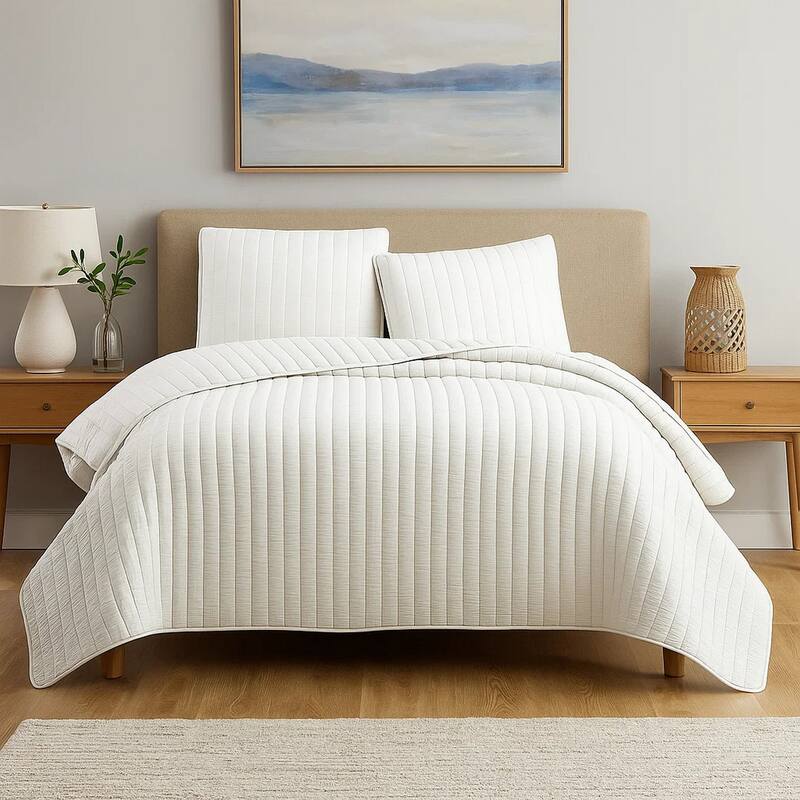 3 Piece Crinkles King Size Coverlet Set with Vertical Stitching, White