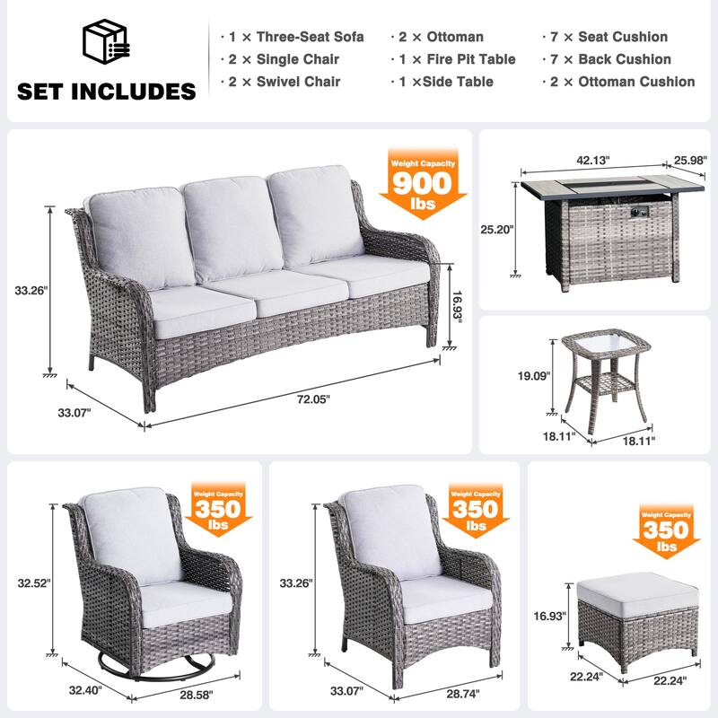 OVIOS 9-piece Patio Wicker Swivel Rocking Chair Set With Fire Pit