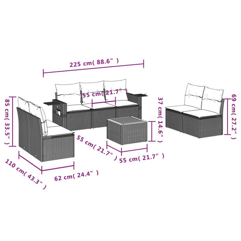 vidaXL Garden Sofa Set PE Rattan Large Adjustable Feet - 21.7 x 21.7 x 14.6 in (W x L x H)