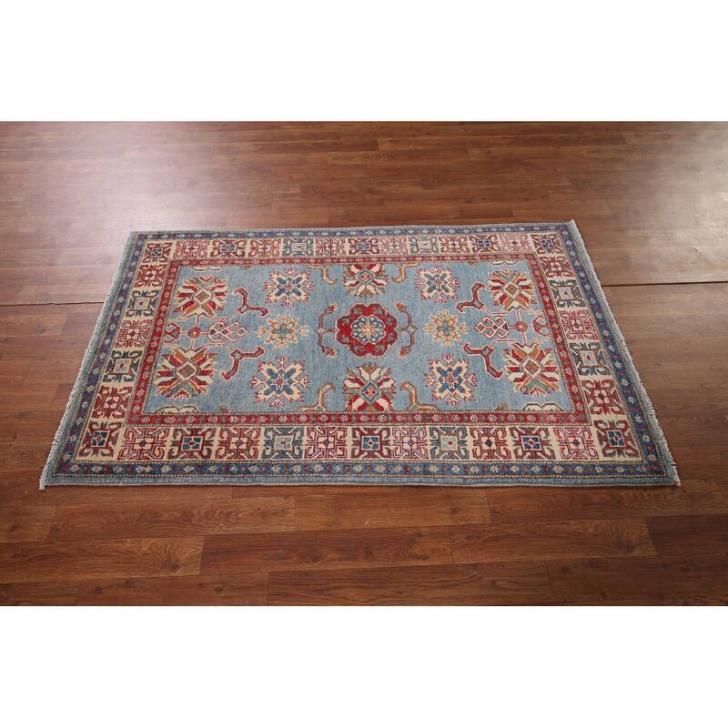 Light Blue Geometric Kazak Accent Rug Hand-Knotted Wool Carpet - 2'11" x 4'11"