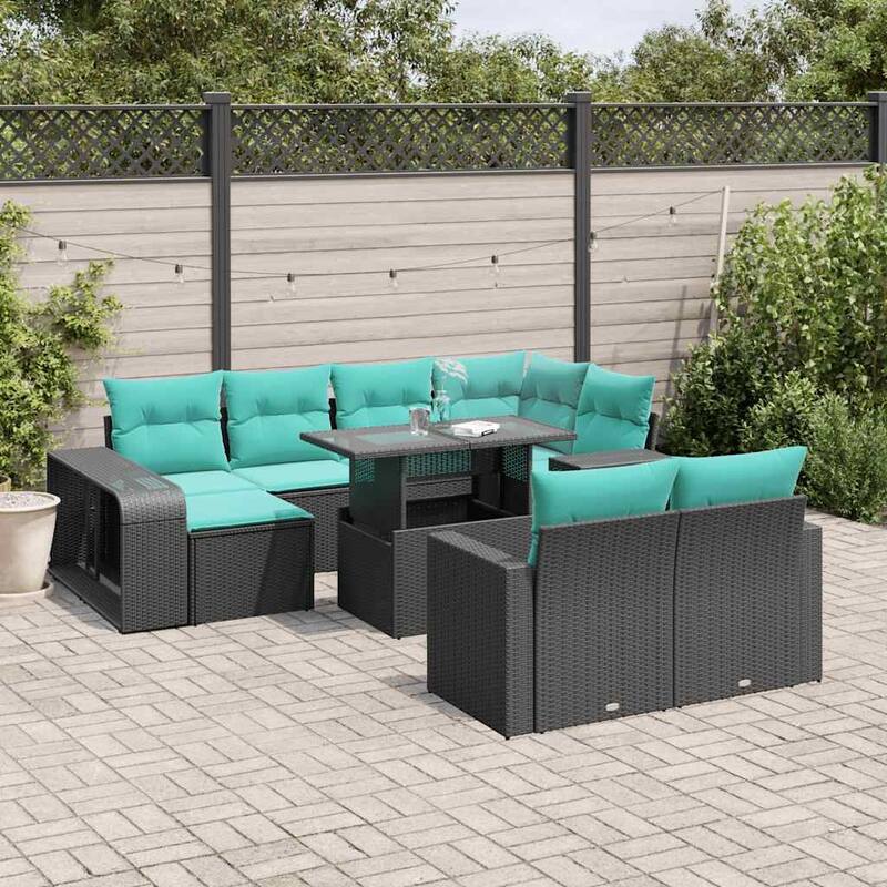 vidaXL Patio Sofa Set with Cushions Table and Couches 11 Piece Poly Rattan - Black and blue Glass
