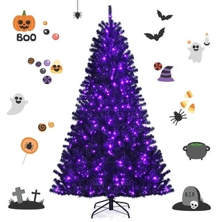 Gymax 7 FT Pre-lit Black Halloween Tree Artificial Hinged Christmas - See Details