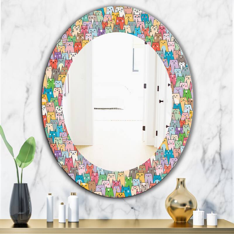Designart 'Funny Cat'S Heads Pattern' Printed Modern Mirror - Oval or Round Wall Mirror - Pink - 20in.x30in.