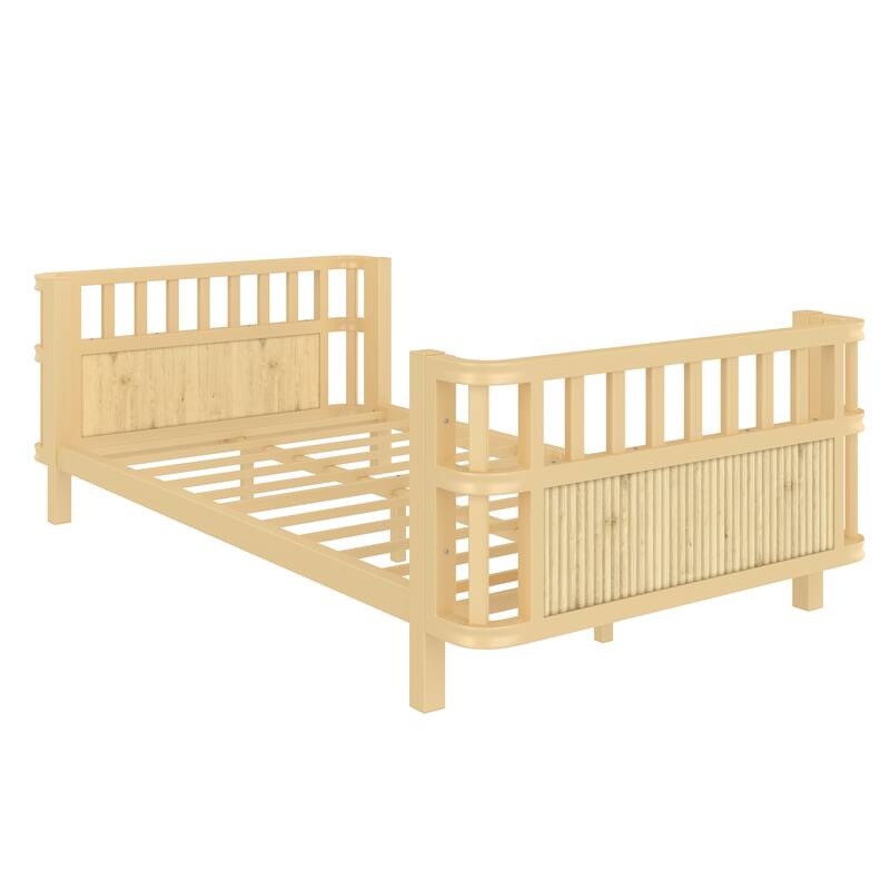 Children's double wooden platform bed with railings, a low iron double bed with railings, suitable for girls and boys (Twin)