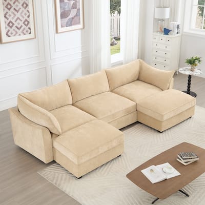 U-Shape 3-Deep Seater Sofa Couch with 2 Movable Storage Ottomans & Pull Out Drawers