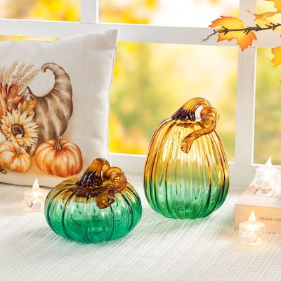 Glitzhome Fall Harvest Two-Tone Gradient Turquoise Glass Pumpkin Thanksgiving Gifts