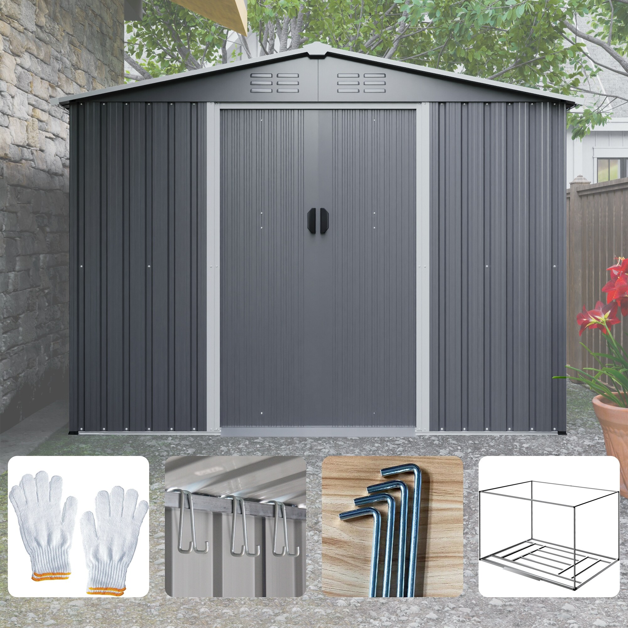 8x6 FT Outdoor Tool Storage Shed with Metal Foundation & Lockable