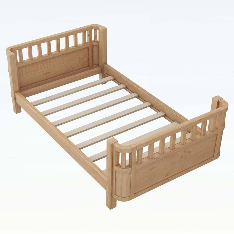 Wood Platform Bed,with Safety Rails and Rounded Corners