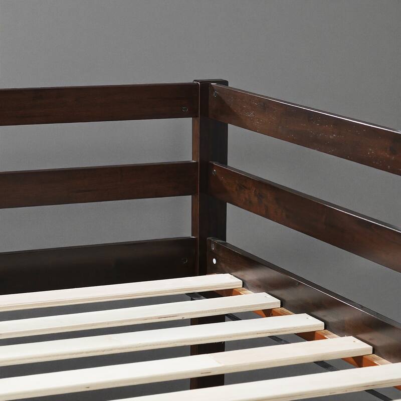 Solid Rubber Wood Twin Over Twin Floor Bunk Bed with Ladder, Low Height Design and Strengthened Slat Support