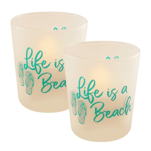Set of 2 Printed Blue "Life is a Beach" Battery Operated LED Candles 3.75" - N/A