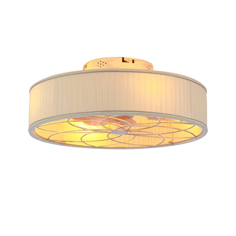 20" Farmhouse Fabric Matte White Bladeless Flush Mount Ceiling Fan With Light and Remote